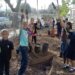 Children smiling with shovels raised in the air next to small dug out shapes for planting.