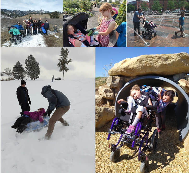 series of photos of a child in a wheelchair in various areas