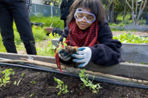 Girl with gloves tending to garden.